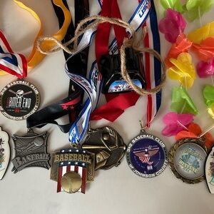 Assorted Baseball Medals with Ribbons and 1 cowbell MVP- Multi Color